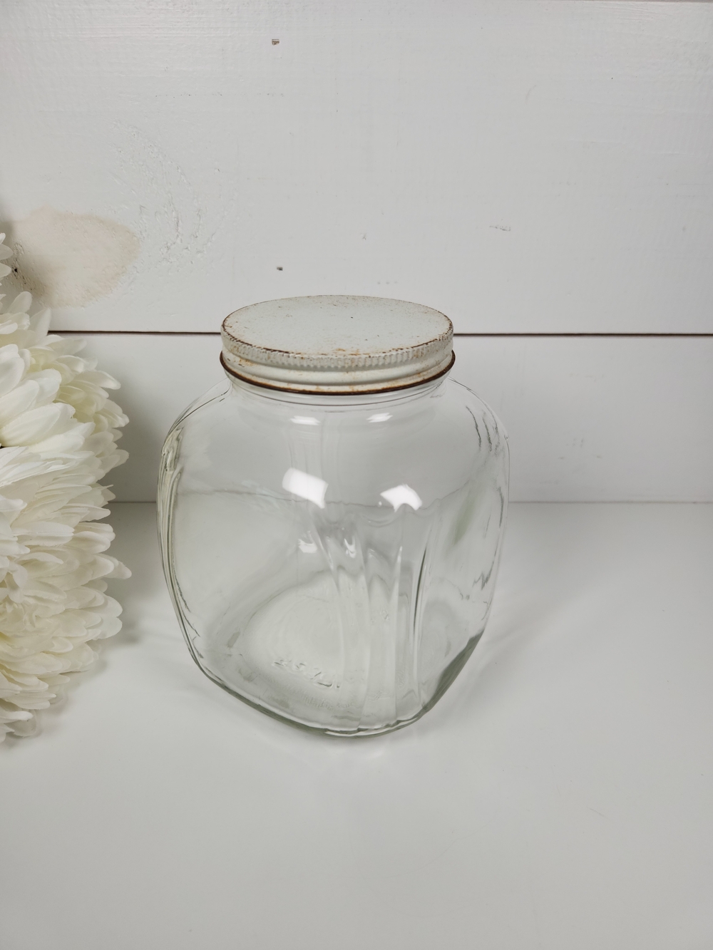Vintage Glass Hoosier Jar w/ Lid | Cabinet Display Canister | Ribbed Clear Glass